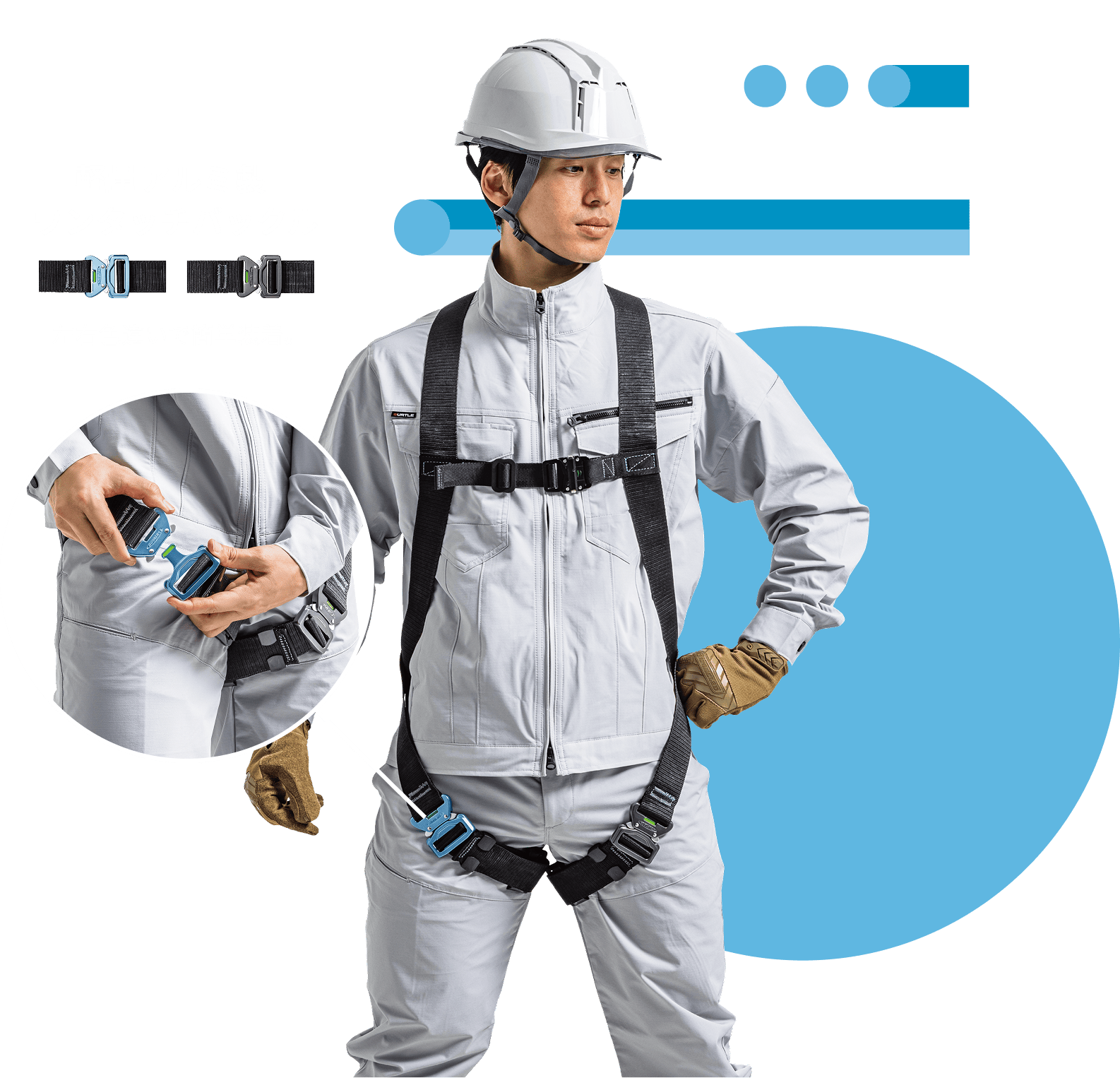AIR HARNESS を装着した作業員と軽量アルミ製ワンタッチバックル